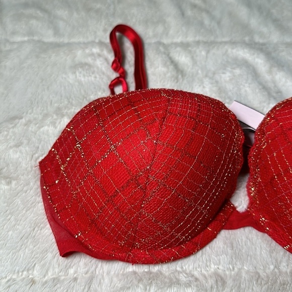 Victoria’s Secret Push Up Lined Demi Lace Bra Red Gold Metallic Size 32 D NEW - Picture 12 of 12